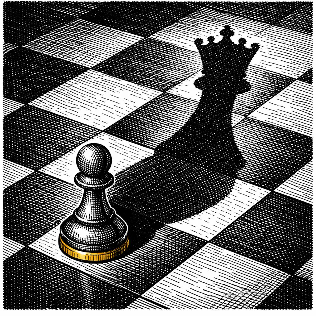 Crosshatch ink illustration of a single pawn chess piece casting a shadow shaped like a queen, gold accent on the pawn's base