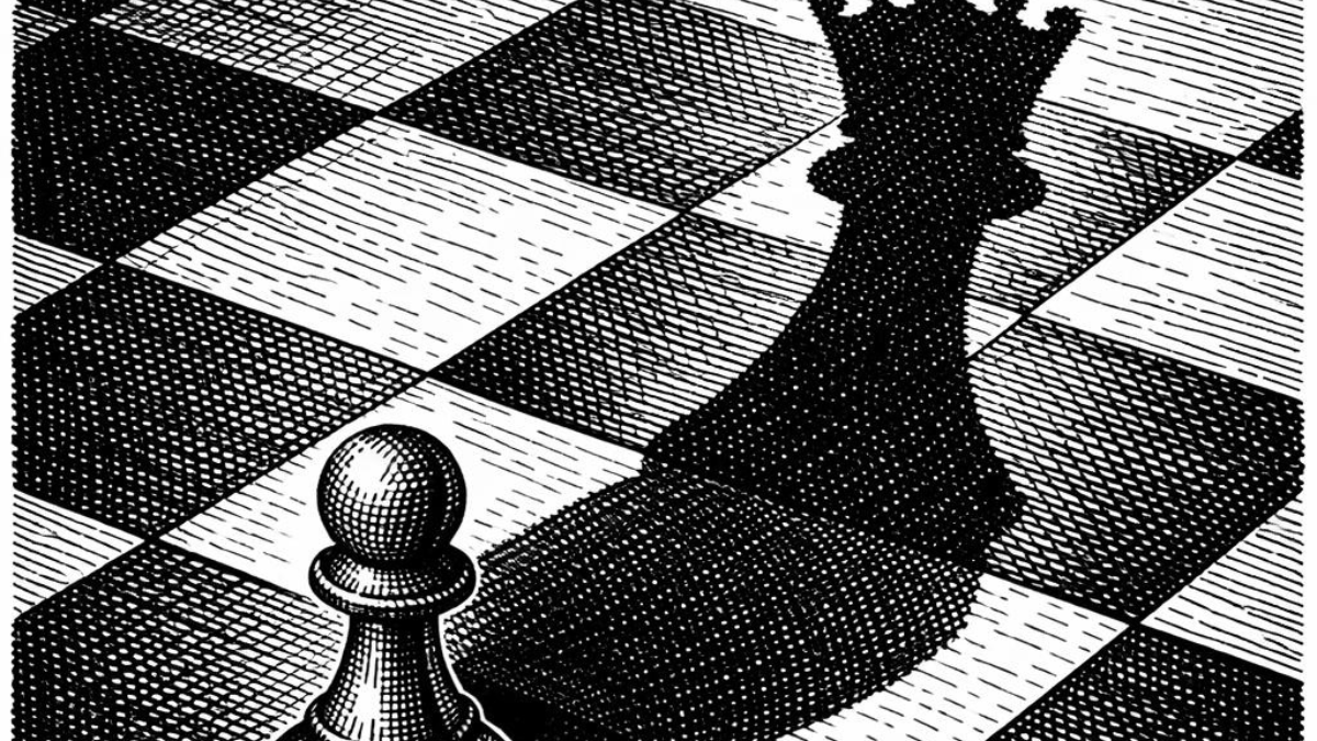 Crosshatch ink illustration of a single pawn chess piece casting a shadow shaped like a queen, gold accent on the pawn's base