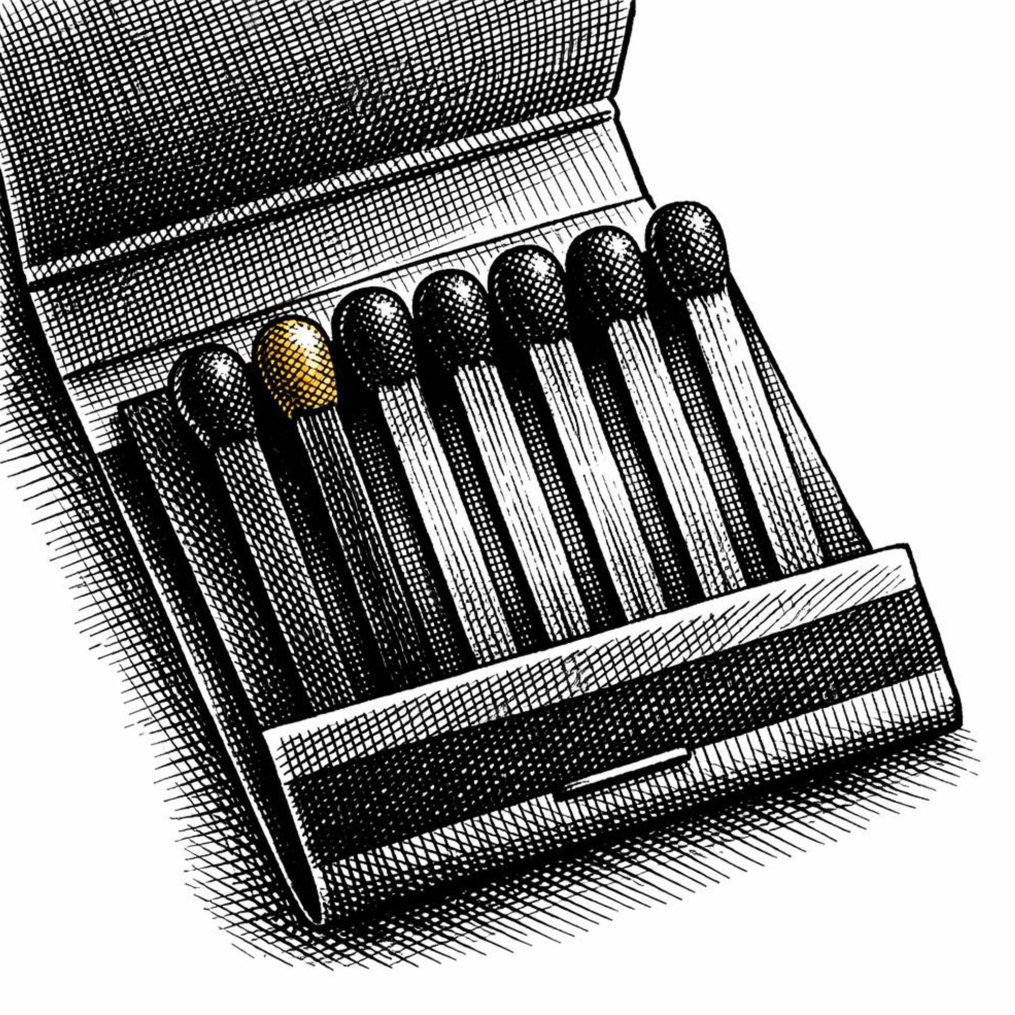 Crosshatch ink illustration of a partially open matchbook with one row of matches visible, a single deep gold accent on one matchhead