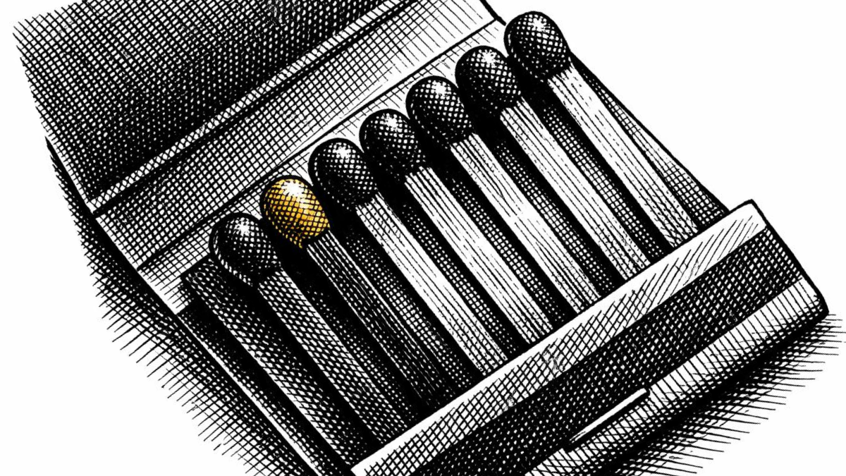 Crosshatch ink illustration of a partially open matchbook with one row of matches visible, a single deep gold accent on one matchhead