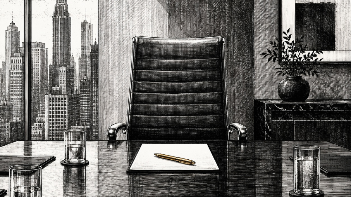 Crosshatch ink illustration of an empty boardroom chair at a table with a gold pen, New York skyline visible through the window