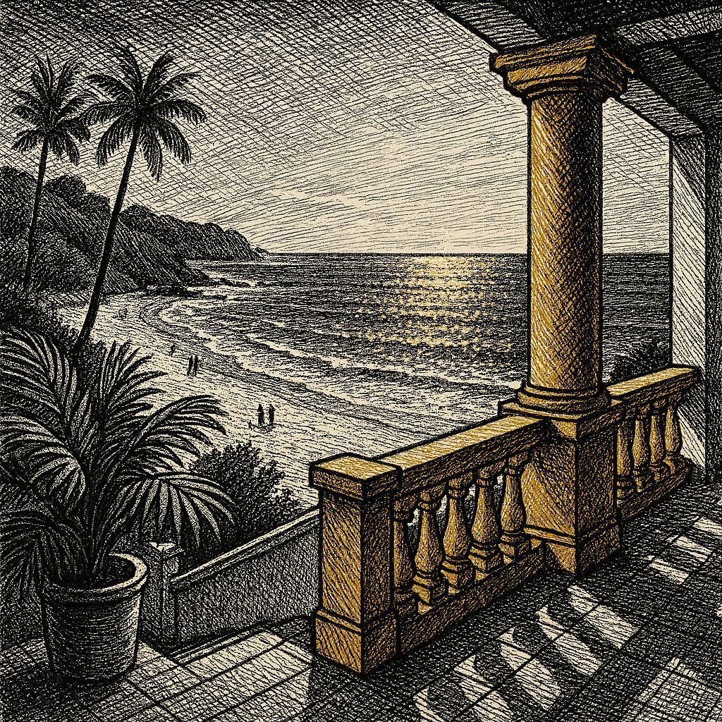 Crosshatch ink illustration of a villa terrace overlooking the sea, gold architectural details