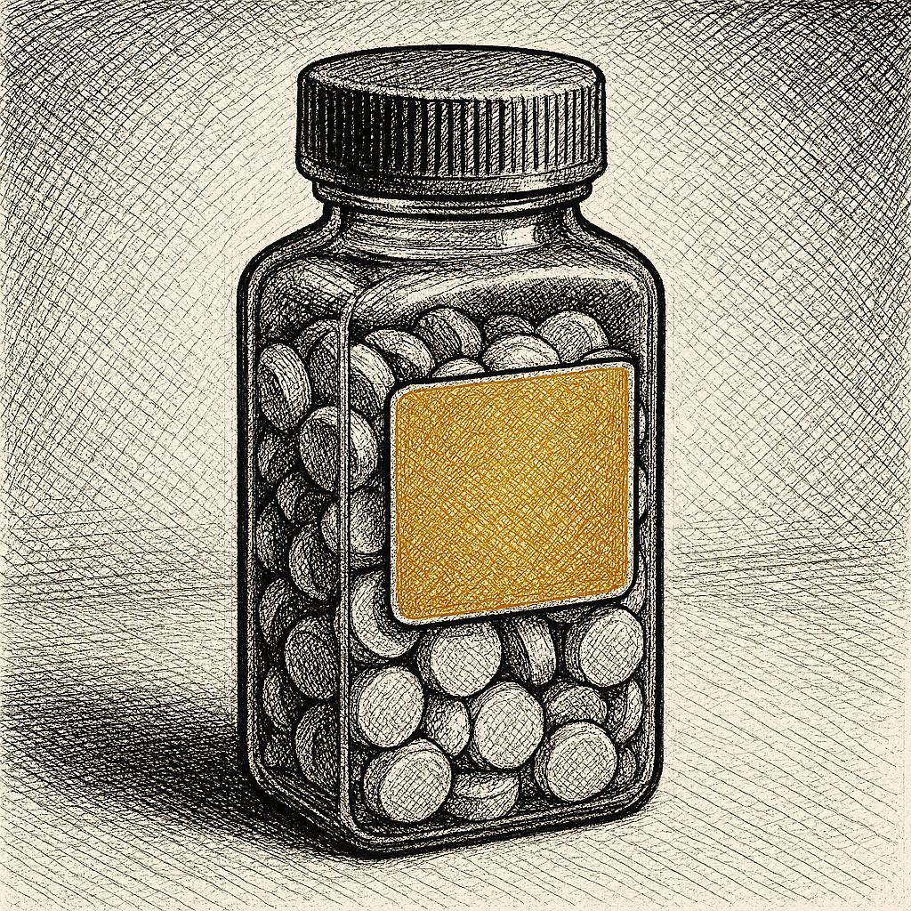 Crosshatch ink illustration of a medicine bottle filled with tablets, blank gold label