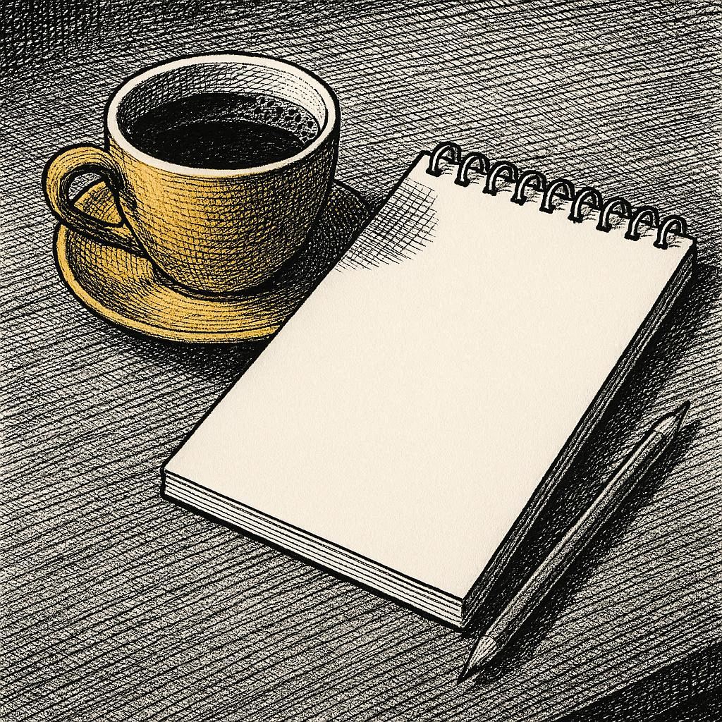 Crosshatch ink illustration of a coffee cup and blank notepad on a desk, gold cup