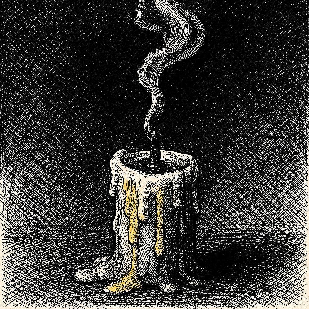 Crosshatch ink illustration of a burnt-down candle with a thin wisp of smoke