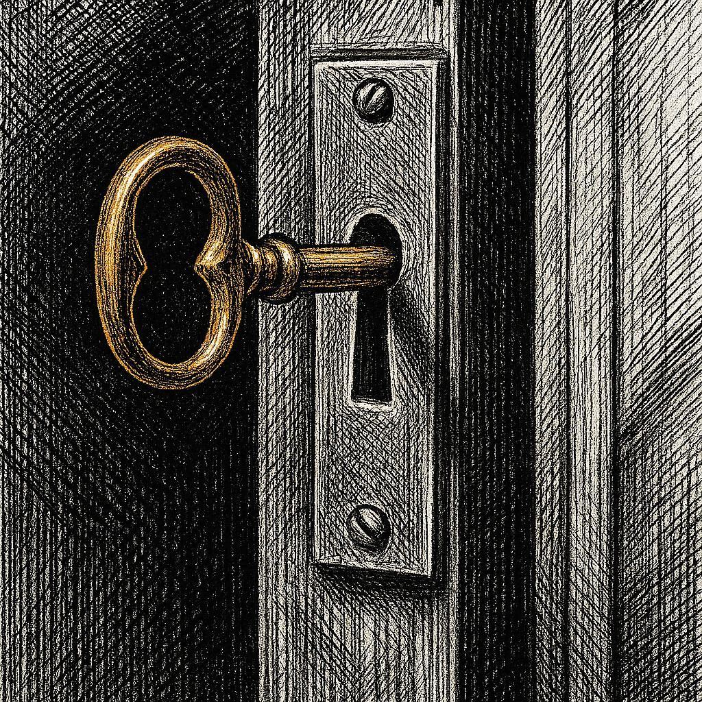 Crosshatch ink illustration of a gold key in a door lock