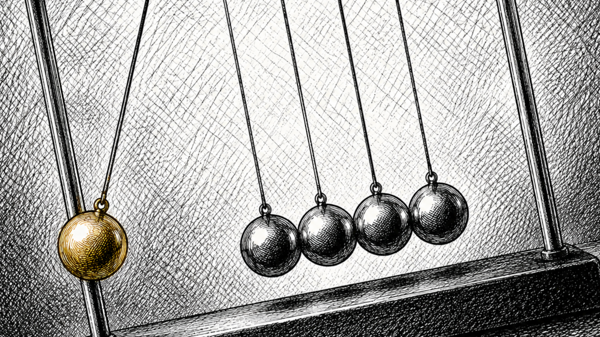 Crosshatch ink illustration of a Newton's cradle, one gold ball about to strike the silver balls