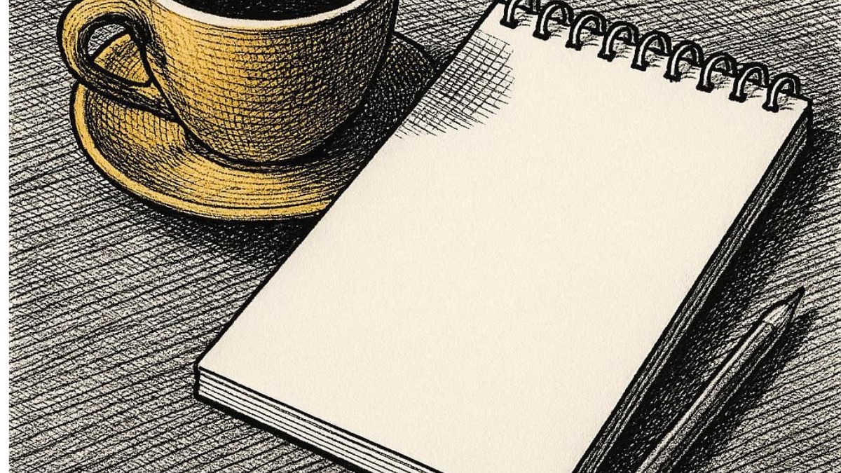 Crosshatch ink illustration of a coffee cup and blank notepad on a desk, gold cup