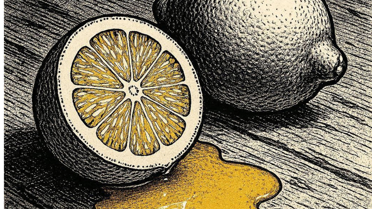 Ink illustration of a cut lemon with juice pooling, crosshatch style with gold accent